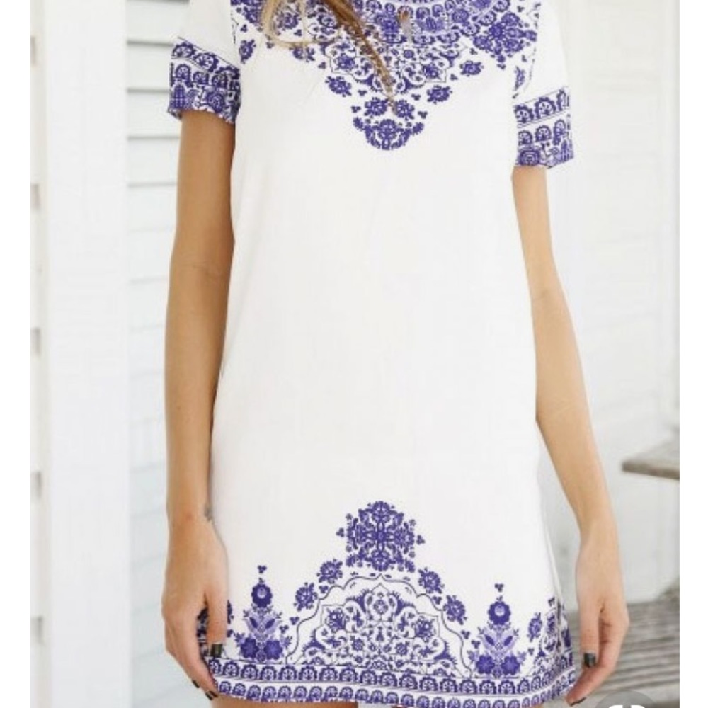 Blue and white floral shift dress